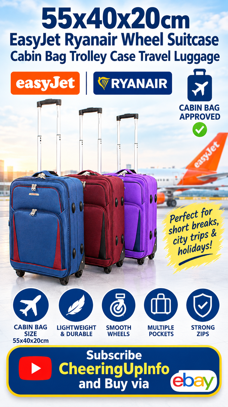 55x40x20cm EasyJet Ryanair Cabin Suitcase | CheeringUp.info