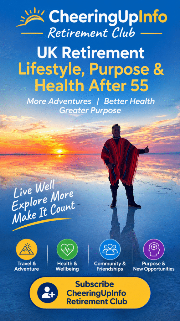 Active UK retirement lifestyle after 55 with travel, part-time work, new skills and better health – CheeringUpInfo Retirement Club. UK Retirement Lifestyle: How to Find Purpose, Health & Wealth