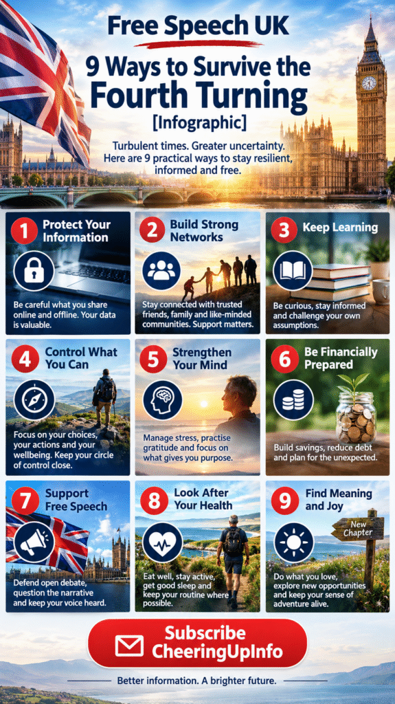 Free Speech UK infographic showing 9 ways to survive the Fourth Turning and protect freedom of choice, with a Subscribe CheeringUpInfo button.